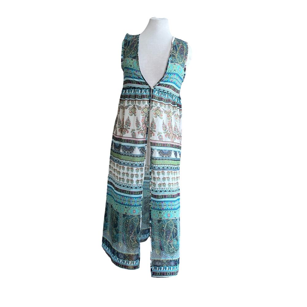 Avani Del Amour S‎ Paisley Blue Lace Back Duster Cover Up with Button Waist